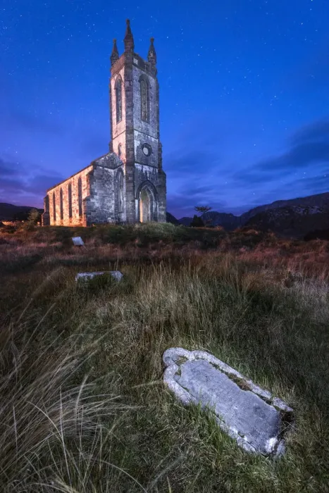 Framed Print : Dunlewy (Dunlewey) Old Church, Poisoned Glen, County Donegal, Ulster region, Ireland, Europe. Tombs in front of the old church at night Framed Print : Dunlewy (Dunlewey) Old Church, Poisoned Glen, County Donegal, Ulster region, Ireland, Europe. Tombs in front of the old church at night