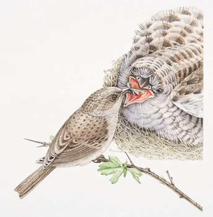 Framed Print : Dunnock, Prunella modularis, on tree twig feeding large cuckoo chick in nest, front view Framed Print : Dunnock, Prunella modularis, on tree twig feeding large cuckoo chick in nest, front view