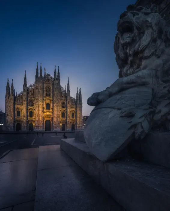 Framed Print : Duomo cathedral with Lion statue foreground Framed Print : Duomo cathedral with Lion statue foreground