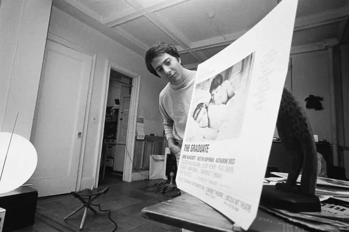 Framed Print : Dustin Hoffman with an Ad for The Graduate