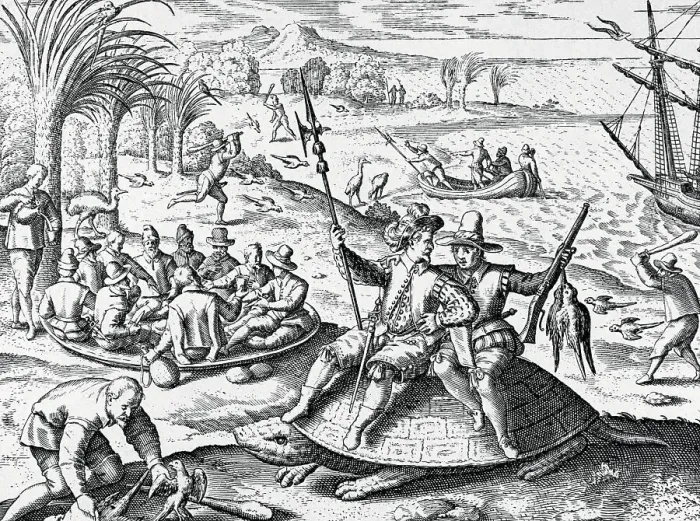 Framed Print : Dutch Explorers Enjoying Island Framed Print : Dutch Explorers Enjoying Island
