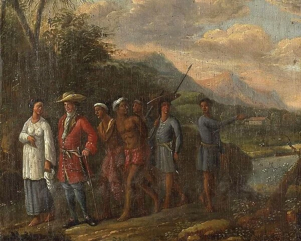 Dutch Merchant with Slaves, c. 1700, Indonesia, Historic, digitally restored reproduction from a 19th century original