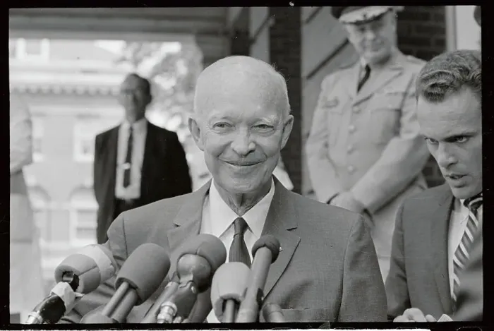 Framed Print : Dwight Eisenhower Speaking at Microphones Framed Print : Dwight Eisenhower Speaking at Microphones