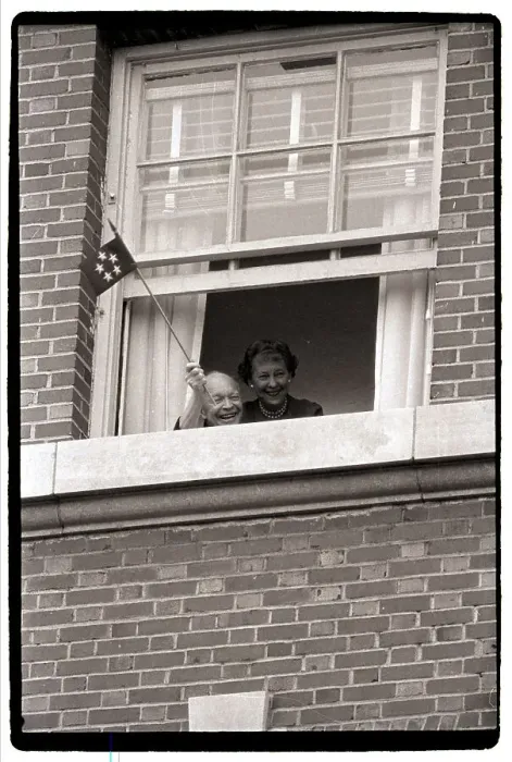 Framed Print : Dwight Eisenhower Waves Flag from Window Framed Print : Dwight Eisenhower Waves Flag from Window