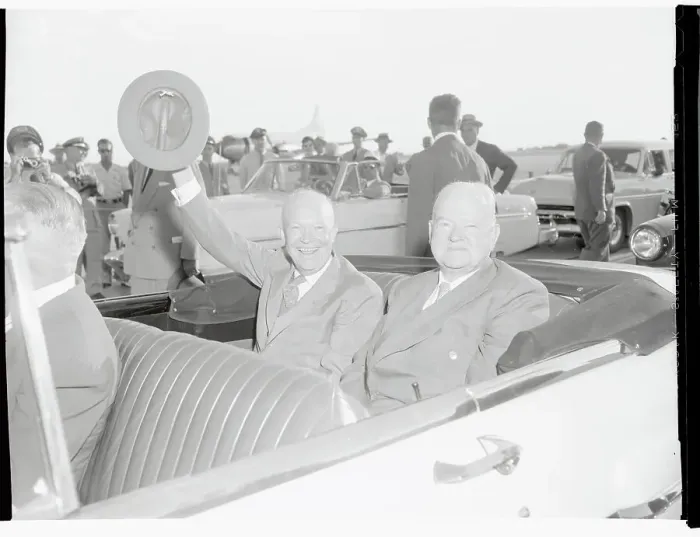 Framed Print : Dwight Eisenhower Waving from Limousine with Herbert Hoover Framed Print : Dwight Eisenhower Waving from Limousine with Herbert Hoover
