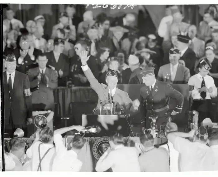 Framed Print : Dwight Eisenhower Waving from Podium at American Legion Convention Framed Print : Dwight Eisenhower Waving from Podium at American Legion Convention