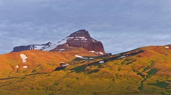 Dyrfjoell massif in the morning light, Bakkageroi, Iceland, Europe