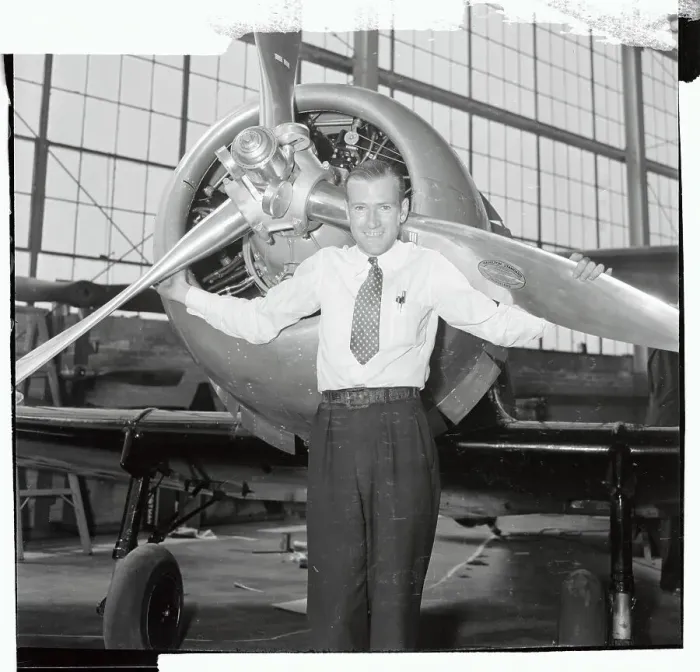 Framed Print : Earl Oatman Standing In front of Plane Framed Print : Earl Oatman Standing In front of Plane