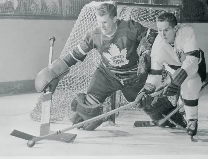 Framed Print : Earl Reibel and Harry Lumley Competing for Puck Framed Print : Earl Reibel and Harry Lumley Competing for Puck