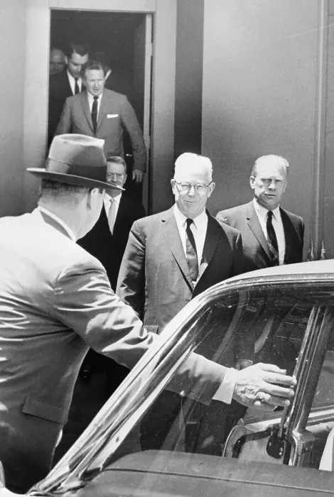 Framed Print : Earl Warren at the Texas School Book Depository Building Framed Print : Earl Warren at the Texas School Book Depository Building