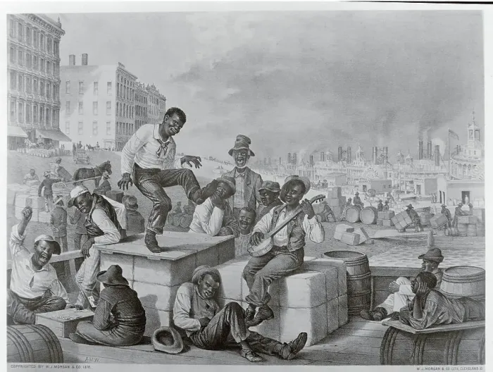 Framed Print : Early African Americans Surviving with Merriment near Workers on Dock Framed Print : Early African Americans Surviving with Merriment near Workers on Dock