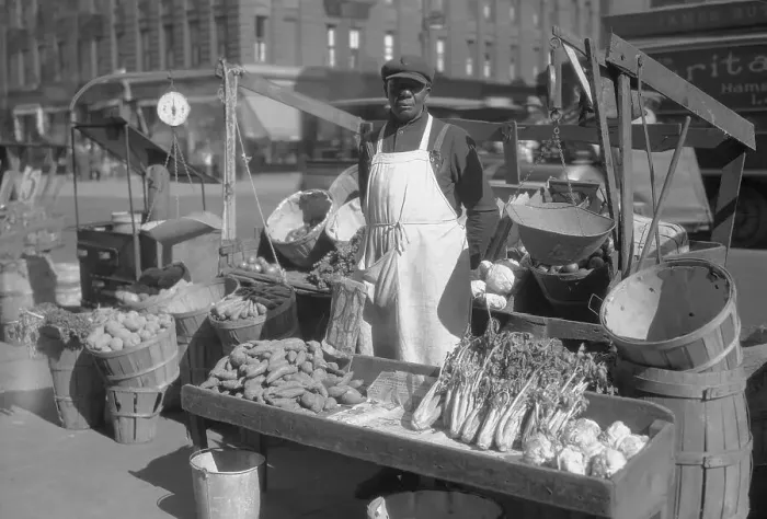 Framed Print : Early American Vegetable Market in Street Framed Print : Early American Vegetable Market in Street