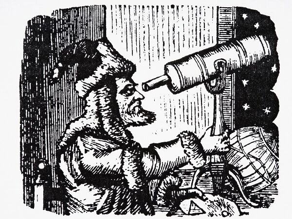 Early astronomer peering through telescope