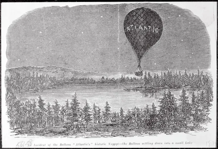 Framed Print : Early Balloon in Flight over Wooded Lake Area Framed Print : Early Balloon in Flight over Wooded Lake Area
