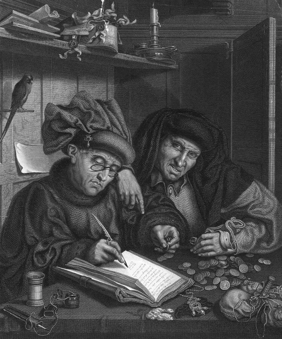 Framed Print : Early History Money Changer with His Deceitful Wife Framed Print : Early History Money Changer with His Deceitful Wife