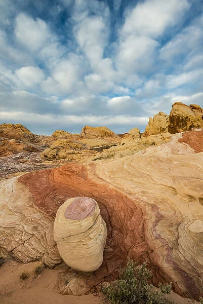 Early morning clouds and colorful rock formations, Valley of Fire State Park, Nevada, USA