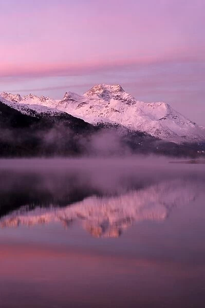 Early morning on Lake Silvaplana, Mt Piz da la Margna at back, St. Moritz, Engadine, Grisons, Switzerland, Europe