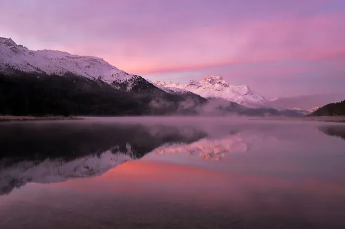 Framed Print : Early morning on Lake Silvaplana, Mt Piz da la Margna at back, St. Moritz, Engadine, Grisons, Switzerland, Europe Framed Print : Early morning on Lake Silvaplana, Mt Piz da la Margna at back, St. Moritz, Engadine, Grisons, Switzerland, Europe