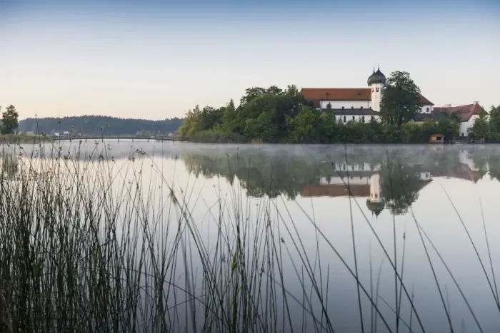 Framed Print : Early morning at Seeon Abbey on an island in Seeoner See Lake, Seeon-Seebruck, Chiemgau, Upper Bavaria, Bavaria, Germany Framed Print : Early morning at Seeon Abbey on an island in Seeoner See Lake, Seeon-Seebruck, Chiemgau, Upper Bavaria, Bavaria, Germany