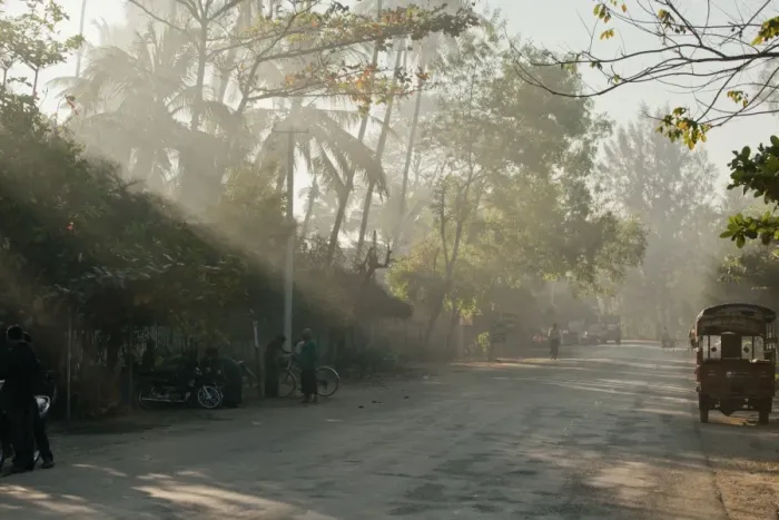 Framed Print : Early morning on a village road, sun rays, Ngapali Beach, Thandwe, Myanmar Framed Print : Early morning on a village road, sun rays, Ngapali Beach, Thandwe, Myanmar