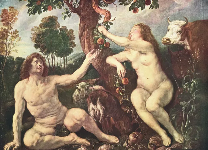 Framed Print : Early Painting of Adam and Eve Caricatures in Eden Framed Print : Early Painting of Adam and Eve Caricatures in Eden