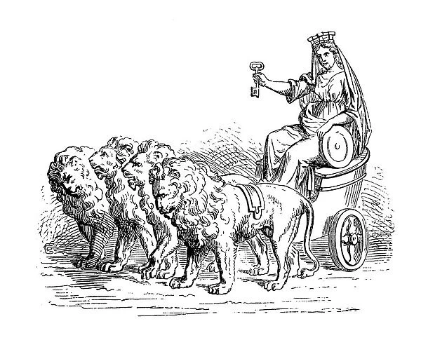 Earth-Mother (variously Ceres, Isis, Virgo, Cybele, etc. ) in a chariot drawn by lions - the favoured transport of Cybele. The goddess holds up a key, which links her with the Egyptian mythology