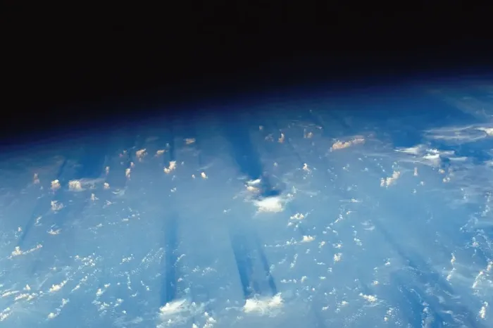 Framed Print : Earths limb at sunset, view from spacecraft
