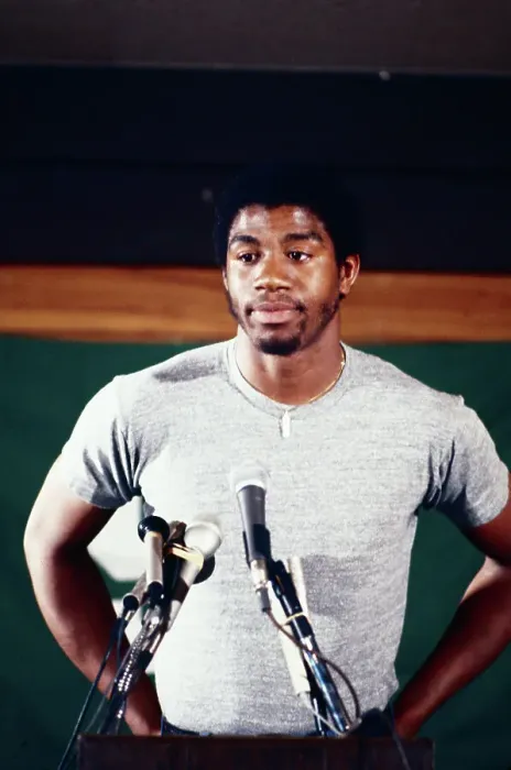 Framed Print : Earvin Magic Johnson Standing at Microphones Framed Print : Earvin Magic Johnson Standing at Microphones