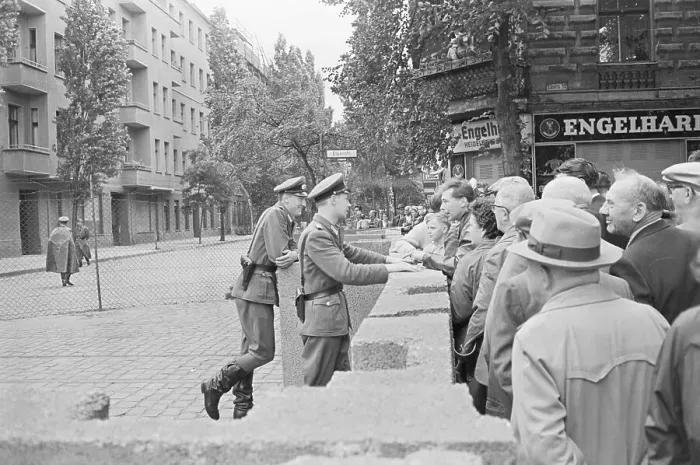 Framed Print : East German Police Talk to West Germans Framed Print : East German Police Talk to West Germans