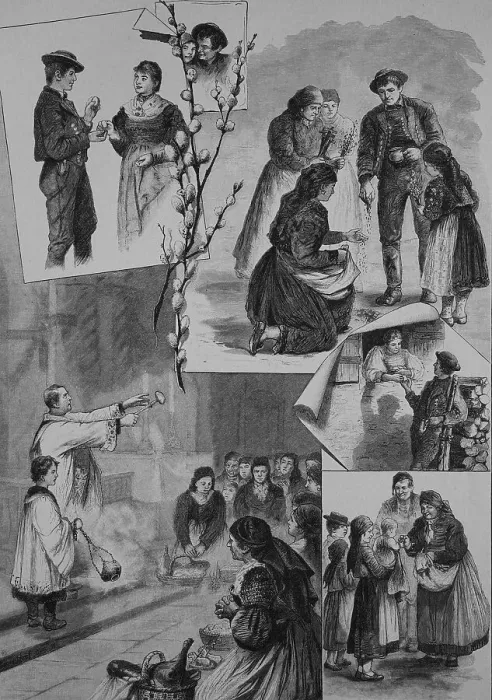 Framed Print : Easter customs in Lower Bavaria, playing with Easter eggs, planting consecrated wooden crosses and palm willows, consecrating food, and giving away eggs and consecrated pretzels, 1880, Germany, Historical Framed Print : Easter customs in Lower Bavaria, playing with Easter eggs, planting consecrated wooden crosses and palm willows, consecrating food, and giving away eggs and consecrated pretzels, 1880, Germany, Historical