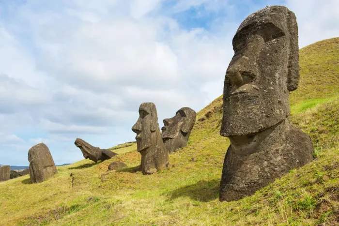 Framed Print : Easter island landscape. Several moai in sunny day
