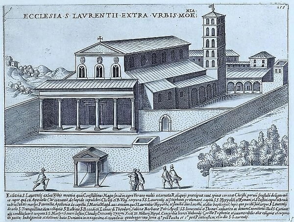 Ecclesia S. Laurentii Extra Urbis Moniae, The Papal Basilica of St. Lawrence Outside the Walls, Historic Rome, Italy, digital reproduction of an original 17th century artwork, original date unknown