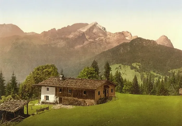 Framed Print : The Eckbauer Alp near Garmisch-Partenkirchen, Bavaria, Germany, Historic, digitally restored reproduction of a photochrome print from the 1890s