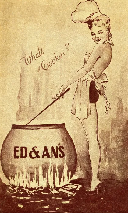 Framed Print : Ed & An's. USA - 1940: A menu for Ed and An's reads 'What's Cookin? Ed and An's' Framed Print : Ed & An's. USA - 1940: A menu for Ed and An's reads 'What's Cookin? Ed and An's'