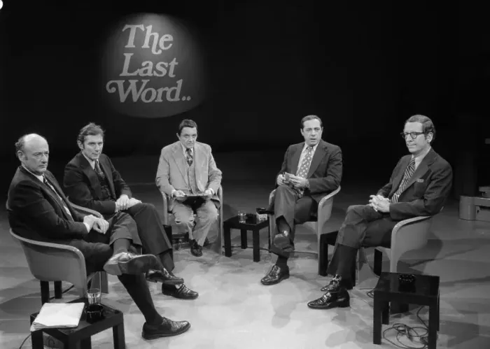 Framed Print : Ed Koch. TV reporter Gabe Pressman moderates election-eve debates between Framed Print : Ed Koch. TV reporter Gabe Pressman moderates election-eve debates between