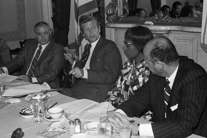 Framed Print : Ed Koch. John Lindsay of New York, in a breakfast meeting with the New
