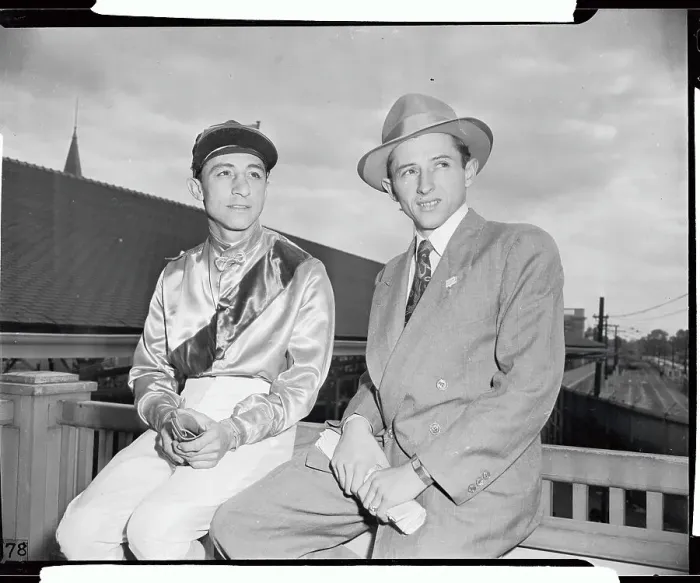 Framed Print : Eddie Arcaro and Doug Dodson Sitting on Balcony