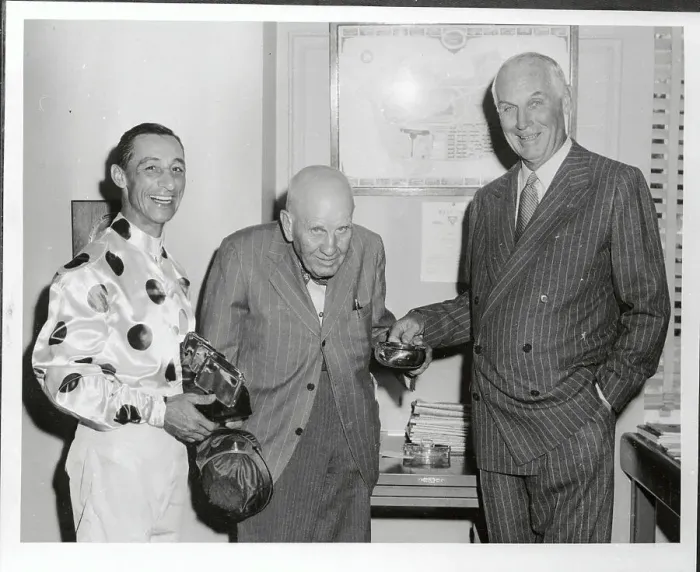 Framed Print : Eddie Arcaro and Trainer Being Awarded for Race