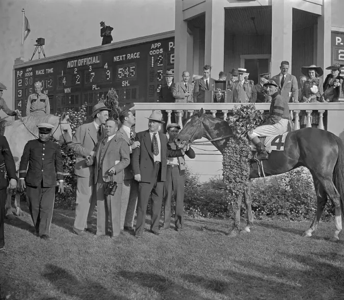 Framed Print : Eddie Arcaro and Whirlaway Celebrating Kentucky Derby Win