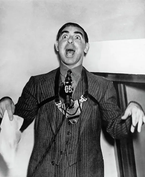 Framed Print : Eddie Cantor with Microphone Strapped to Chest