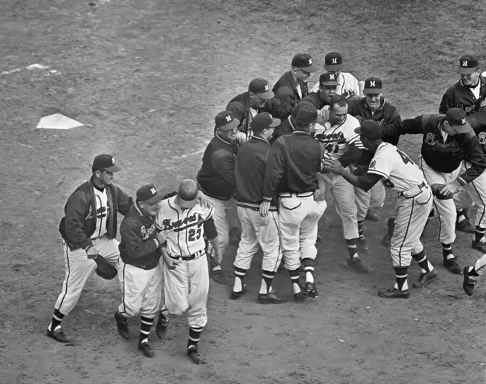 Framed Print : Eddie Mathews Swarmed @ Plate By Players Framed Print : Eddie Mathews Swarmed @ Plate By Players