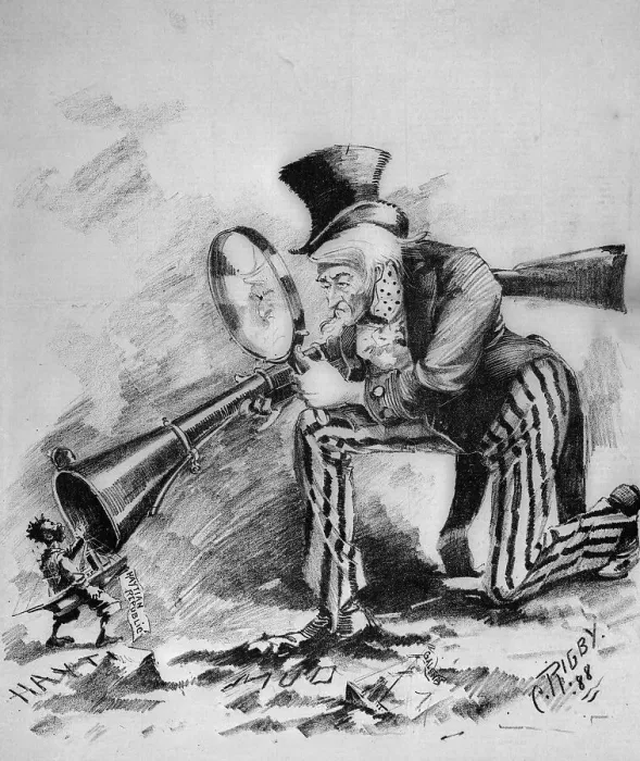 Framed Print : Editorial Cartoon Drawing of Uncle Sam Looking at Haiti by Cuthbert Rigby Framed Print : Editorial Cartoon Drawing of Uncle Sam Looking at Haiti by Cuthbert Rigby