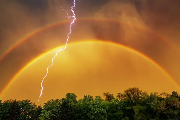 Framed Print : Edmond lightning with a double rainbow, Oklahoma. USA Framed Print : Edmond lightning with a double rainbow, Oklahoma. USA