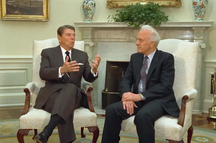 Framed Print : Eduard Shevardnadze and Ronald Reagan Conversing Framed Print : Eduard Shevardnadze and Ronald Reagan Conversing
