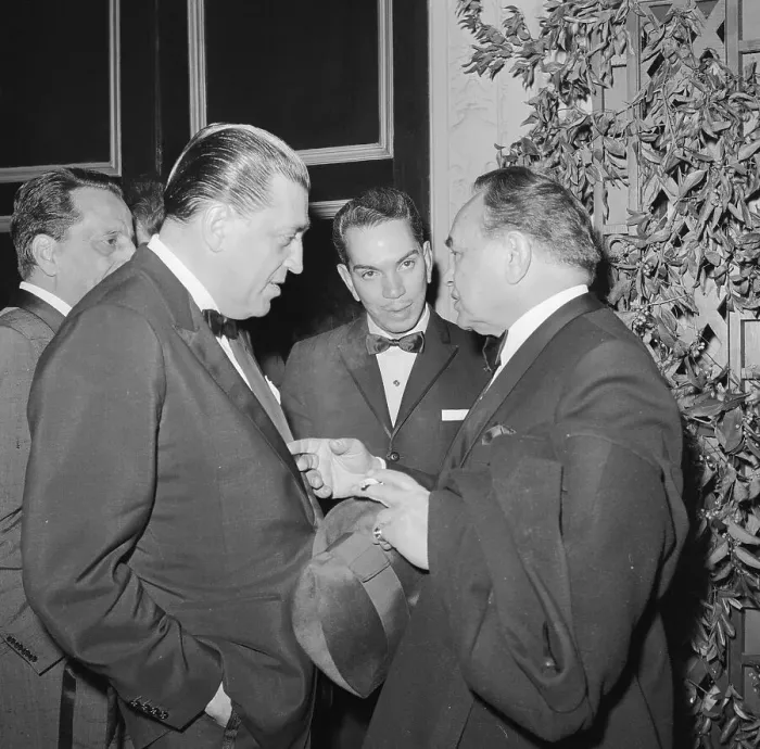 Framed Print : Edward G Robinson Talking with Jacques Gelman and Cantinflas