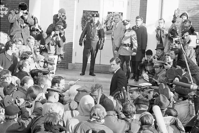 Framed Print : Edward Kennedy Entering Courthouse amid Reporters