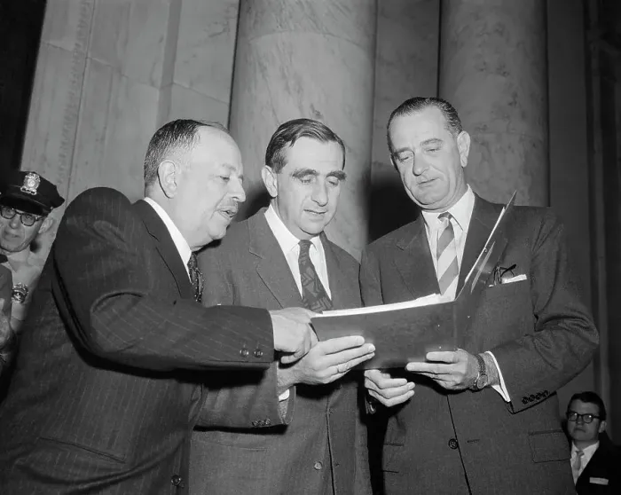 Framed Print : Edward Teller Examining Document with Lyndon B. Johnson and Colleague Framed Print : Edward Teller Examining Document with Lyndon B. Johnson and Colleague
