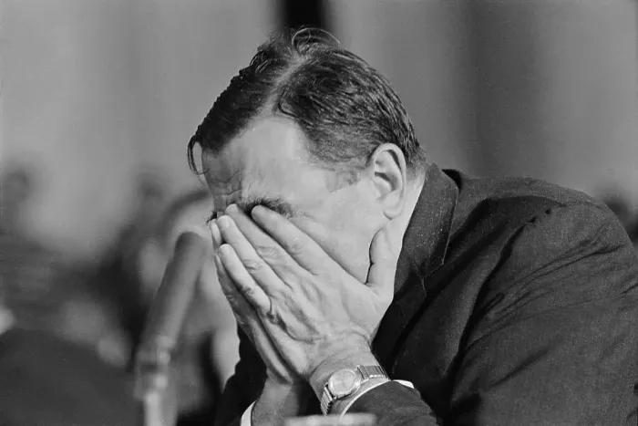 Framed Print : Edward Teller with His Face in His Hands During Hearing Framed Print : Edward Teller with His Face in His Hands During Hearing
