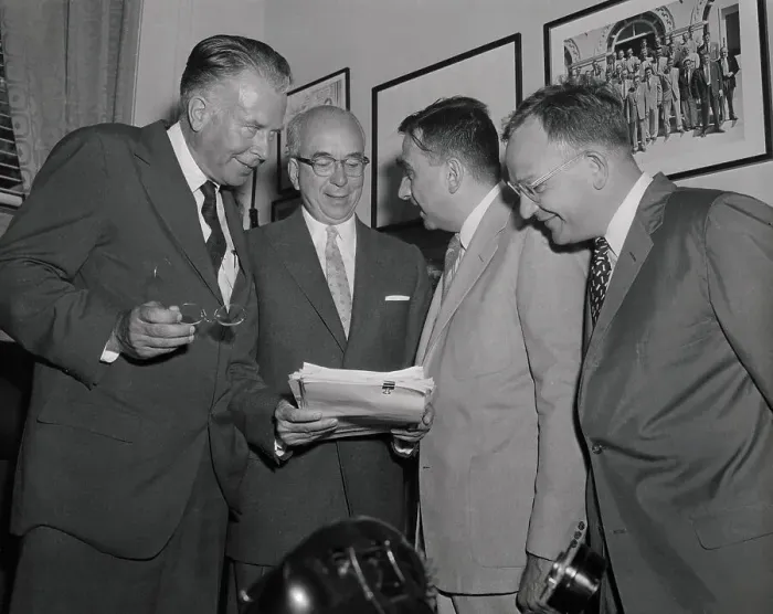 Framed Print : Edward Teller and Fellow Scientists Examining Document Together