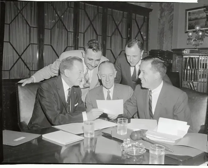 Framed Print : Edward Teller and Fellow Scientists Examining Document at Conference Table Framed Print : Edward Teller and Fellow Scientists Examining Document at Conference Table